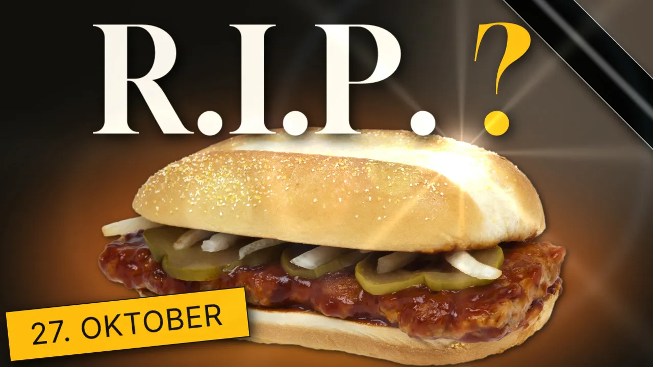 Ein McRib-Burger vor dunklem Hintergrund, darüber groß „R.I.P.?“, unten eine Banderole „27. Oktober“.